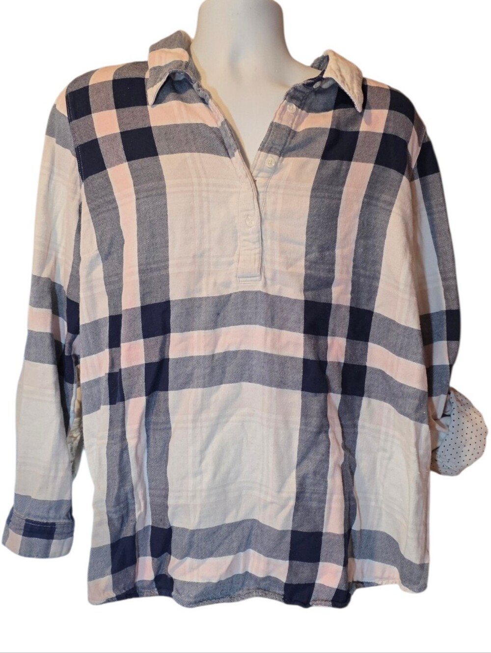 Lane Bryant Plaid Half-Button Popover Tunic Shirt - Pink & Navy Blue